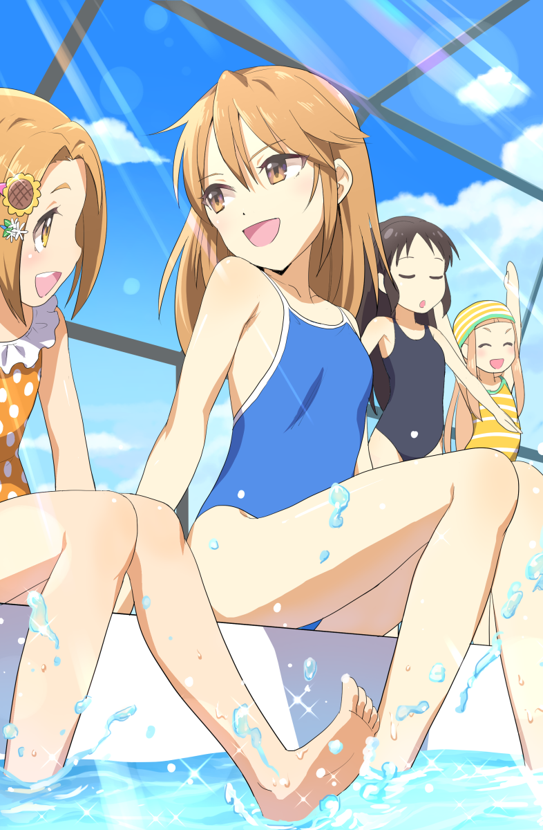 4girls :d ^_^ arms_up bare_legs bare_shoulders barefoot black_swimsuit blue_sky blue_swimsuit blush breasts brown_eyes brown_hair casual_one-piece_swimsuit closed_eyes closed_eyes clouds cloudy_sky collarbone commentary_request competition_school_swimsuit day eye_contact hair_ornament hairpin highres ichihara_nina idolmaster idolmaster_cinderella_girls indoors light_brown_hair long_hair looking_at_another looking_away looking_to_the_side mashou_boy multiple_girls one-piece_swimsuit open_mouth orange_swimsuit parted_lips polka_dot polka_dot_swimsuit round_teeth ryuuzaki_kaoru sitting sky small_breasts smile soles splashing standing striped striped_swimsuit swim_cap swimsuit tachibana_arisu teeth upper_teeth very_long_hair water water_drop window yuuki_haru