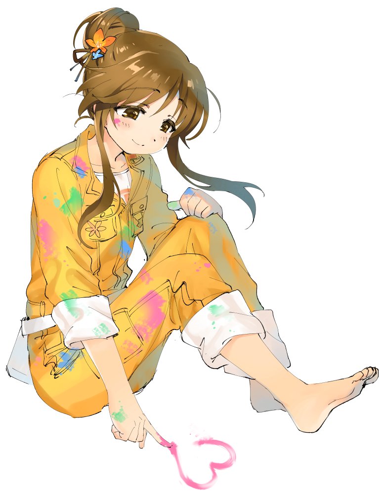 1girl bangs barefoot brown_eyes brown_hair commentary dot_nose eyebrows_visible_through_hair finger_painting flower hair_bun hair_flower hair_ornament heart idolmaster idolmaster_cinderella_girls idolmaster_cinderella_girls_starlight_stage jumpsuit looking_down miridereningen on_floor paint paint_on_clothes paint_on_face paint_splatter sidelocks simple_background sitting solo takamori_aiko white_background