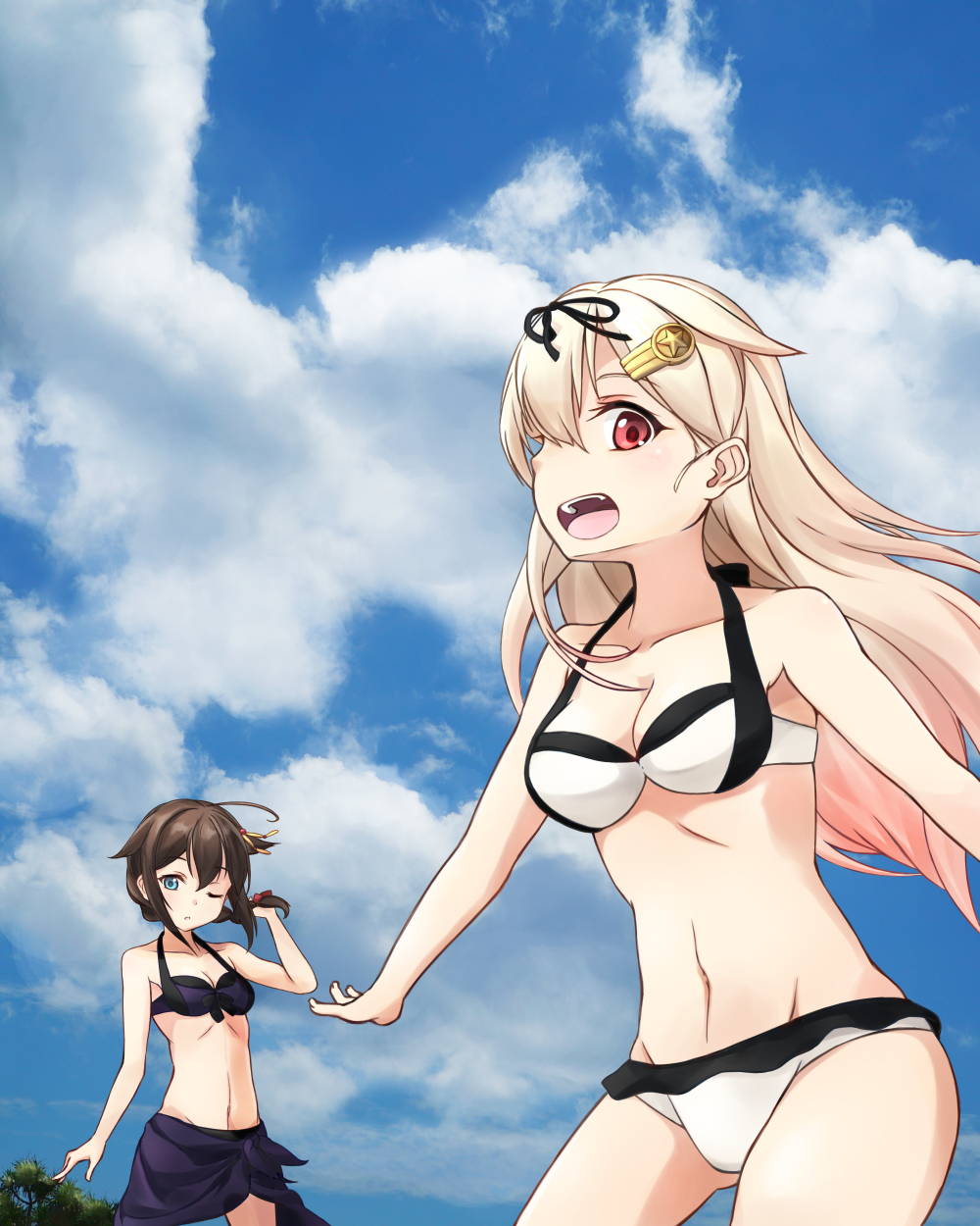 2girls ahoge bikini black_hair black_ribbon black_sarong blonde_hair blue_eyes blue_sky braid clouds commentary_request cowboy_shot day gradient_hair hair_flaps hair_ornament hair_over_shoulder hair_ribbon hairclip highres kantai_collection long_hair minosu multicolored_hair multiple_girls one_eye_closed open_mouth outdoors red_eyes remodel_(kantai_collection) ribbon sarong shigure_(kantai_collection) single_braid sky swimsuit tree white_bikini yuudachi_(kantai_collection)