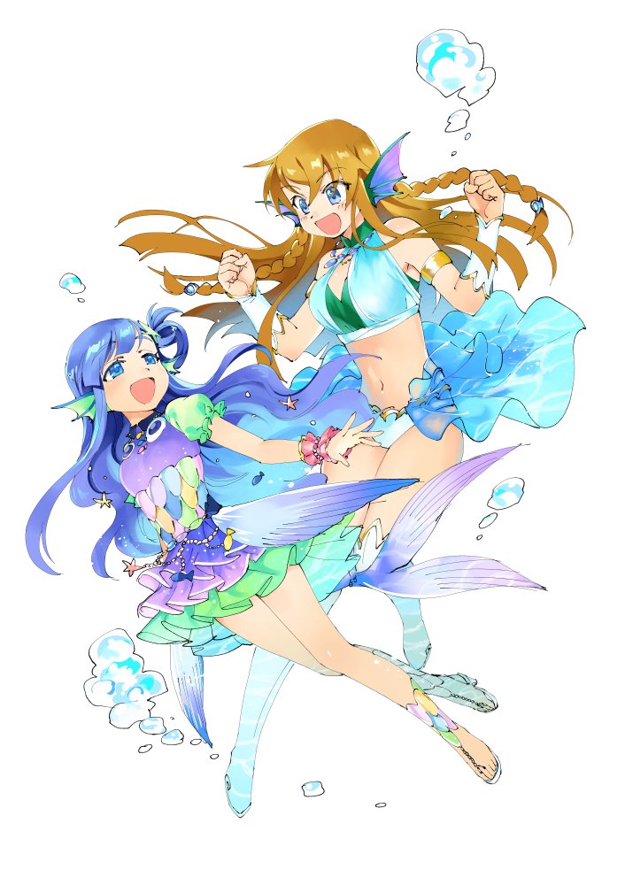 2girls :d armband asari_nanami blue_eyes blue_hair braid bubble commentary crop_top crossover eyebrows_visible_through_hair fins fish_hair_ornament fish_tail frilled_skirt frills hair_ornament head_fins idol idolmaster idolmaster_cinderella_girls idolmaster_cinderella_girls_starlight_stage idolmaster_million_live! jewelry kousaka_umi light_brown_hair long_hair midriff miridereningen multiple_girls navel necklace open_mouth puffy_sleeves sandals side_ponytail simple_background skirt smile starfish_hair_ornament submerged tail underwater white_background