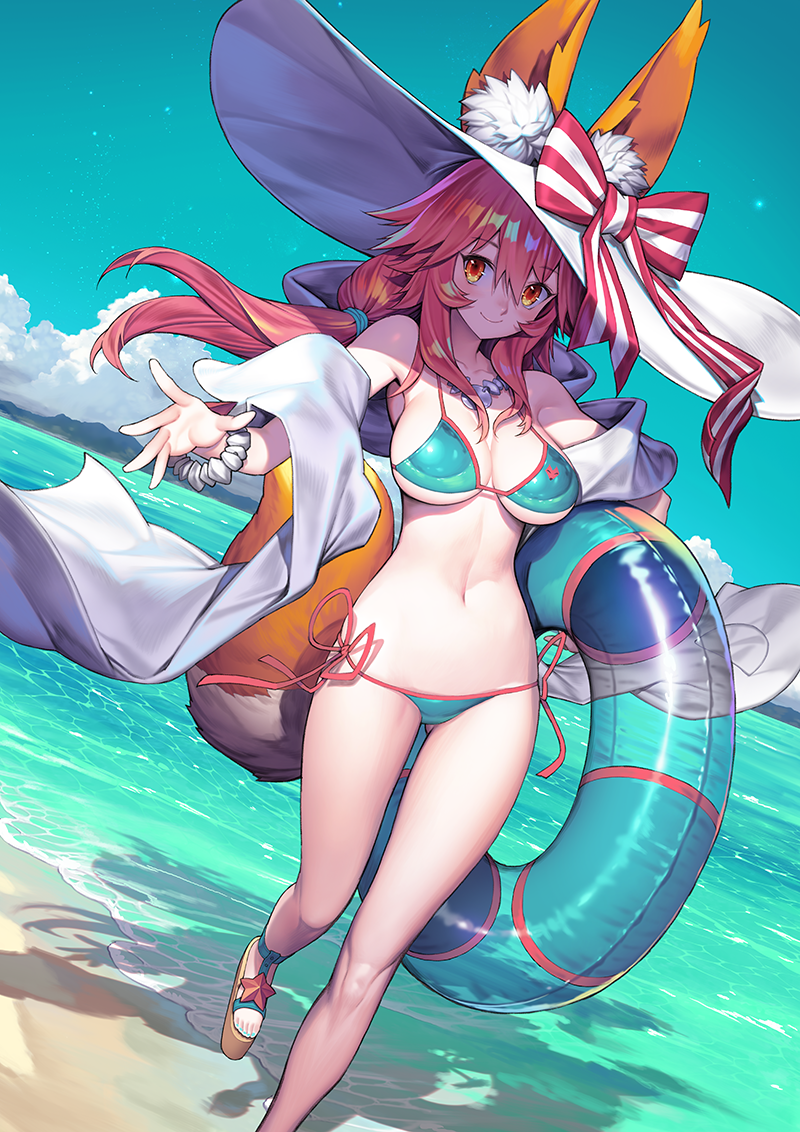 1girl animal_ear_fluff animal_ears bangs beach bikini blue_bikini blue_sky blush bow bracelet breasts cleavage clouds cloudy_sky collarbone commentary_request day dutch_angle ears_through_headwear eyebrows_visible_through_hair fate/grand_order fate_(series) fox_ears fox_tail hair_between_eyes hat hat_bow holding innertube jacket jewelry large_breasts long_hair long_legs mandrill navel ocean open_clothes open_jacket outdoors pink_hair sand sandals side-tie_bikini sky smile solo straw_hat striped striped_bow sun_hat swimsuit tail tamamo_(fate)_(all) tamamo_no_mae_(swimsuit_lancer)_(fate) water yellow_eyes