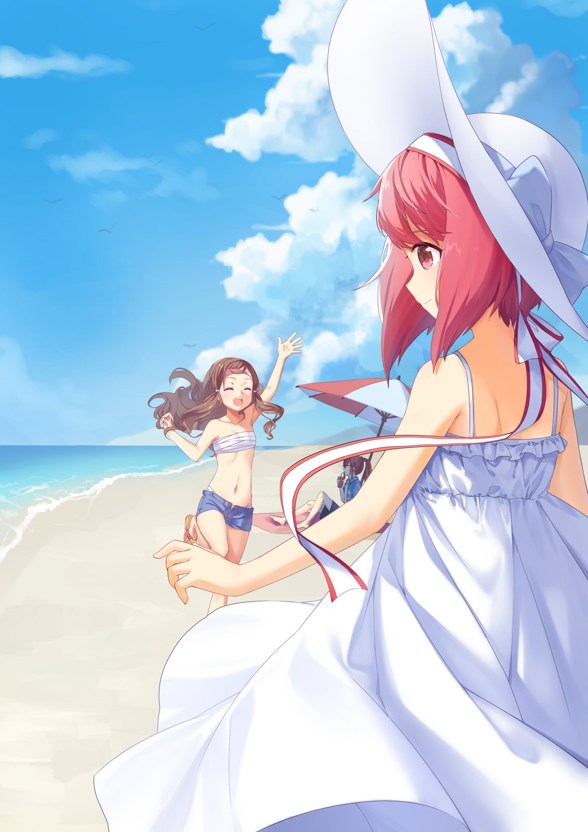 1boy 2girls alternate_costume arm_up beach beach_umbrella blue_sky brown_hair closed_eyes clouds day dress fire_emblem fire_emblem_if from_behind hairband hat headband highres kazahana_(fire_emblem_if) long_hair multiple_girls open_mouth pink_hair ponytail red_eyes sakura_(fire_emblem_if) sandals sarashi short_hair short_shorts shorts sitting sky sleeveless sleeveless_dress standing standing_on_one_leg sun_hat transistor tsubaki_(fire_emblem_if) umbrella water white_dress white_hat