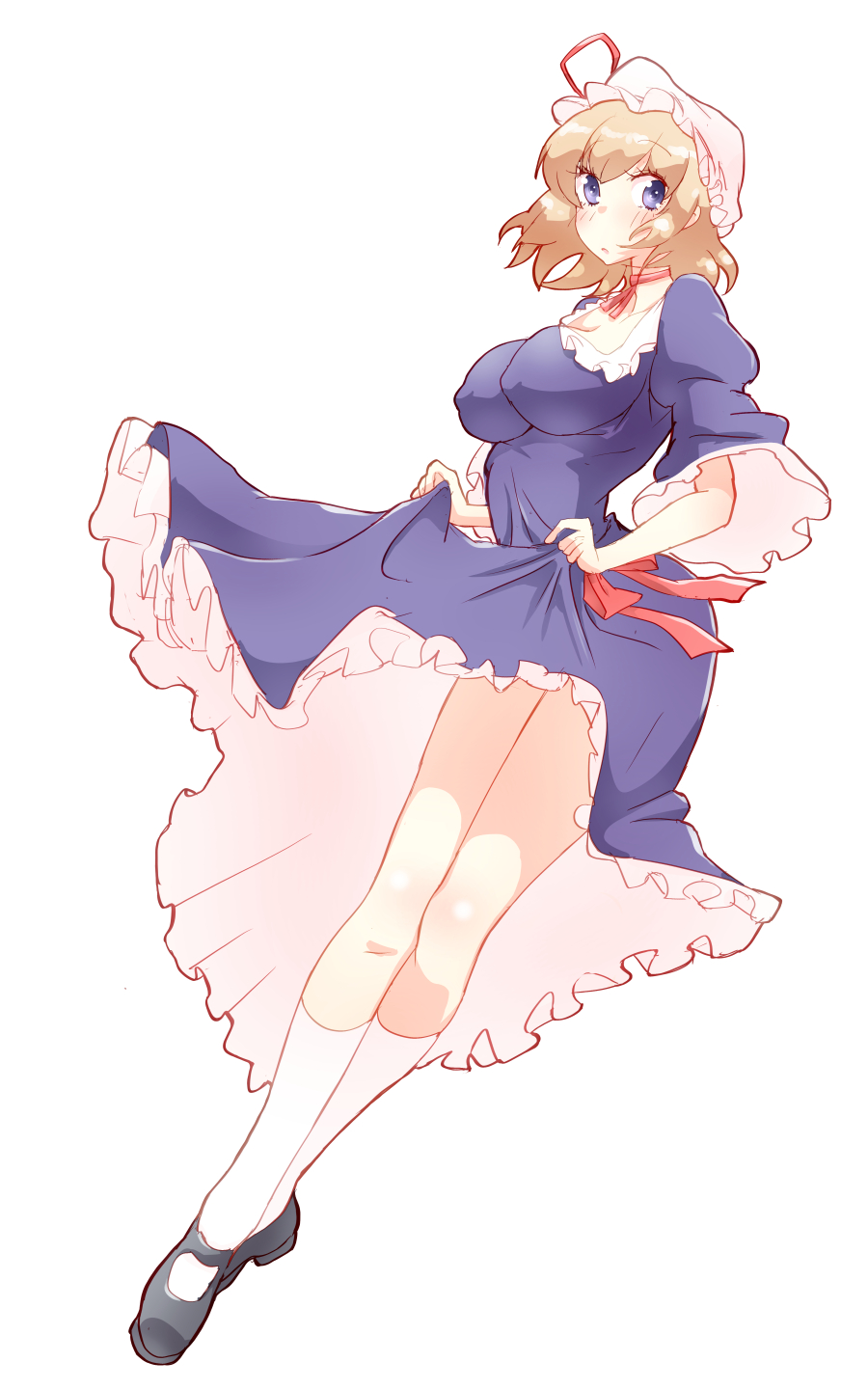 1girl black_footwear blonde_hair blue_dress blue_eyes bouncing_breasts breasts cleavage covered_nipples dress dress_lift hat highres large_breasts maribel_hearn mob_cap no_bra non_(z-art) ribbon shoes short_hair simple_background socks touhou white_background