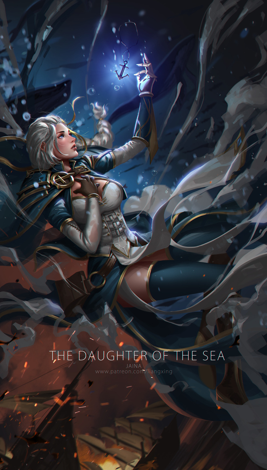 1girl anchor armor battle blue_eyes braided_ponytail breasts character_name cleavage english gloves hand_on_own_chest highres jaina_proudmoore large_breasts liang_xing lips long_hair multicolored_hair parted_lips patreon_username sinking solo thigh-highs two-tone_hair underwater warcraft watermark web_address whale white_hair world_of_warcraft