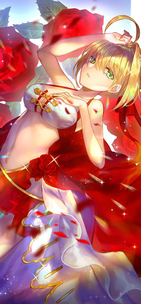 1girl ahoge blonde_hair breasts cleavage dutch_angle emoillu fate/grand_order fate_(series) flower green_eyes hair_intakes hand_on_own_chest hand_on_own_head large_breasts leaf navel nero_claudius_(fate)_(all) rose solo waist_cape