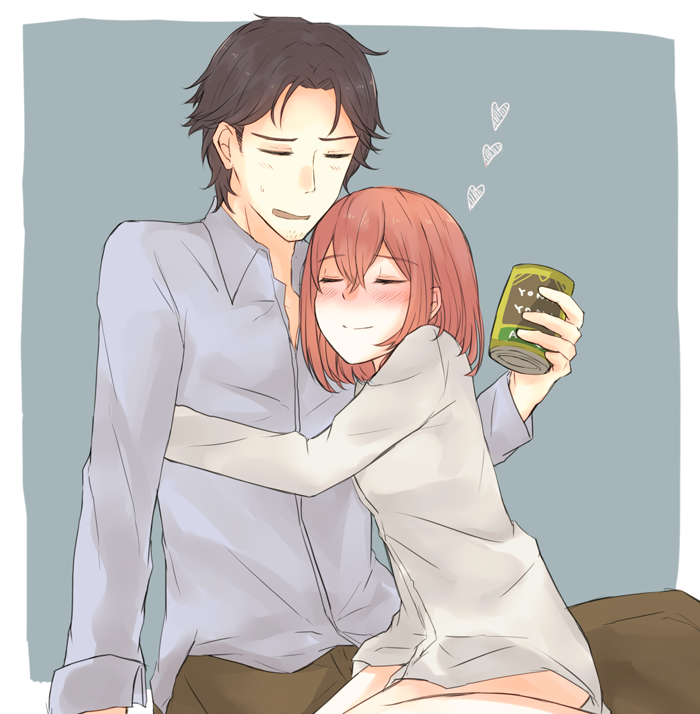 1boy 1girl alternate_hair_length alternate_hairstyle bangs black_hair blue_background blush brown_hair can closed_eyes collared_shirt couple cuddling drink facial_hair heart hetero hug long_sleeves makise_kurisu no_pants okabe_rintarou open_mouth pants parted_bangs shirt short_hair simple_background sitting smile steins;gate stubble sweatdrop white_shirt yugure