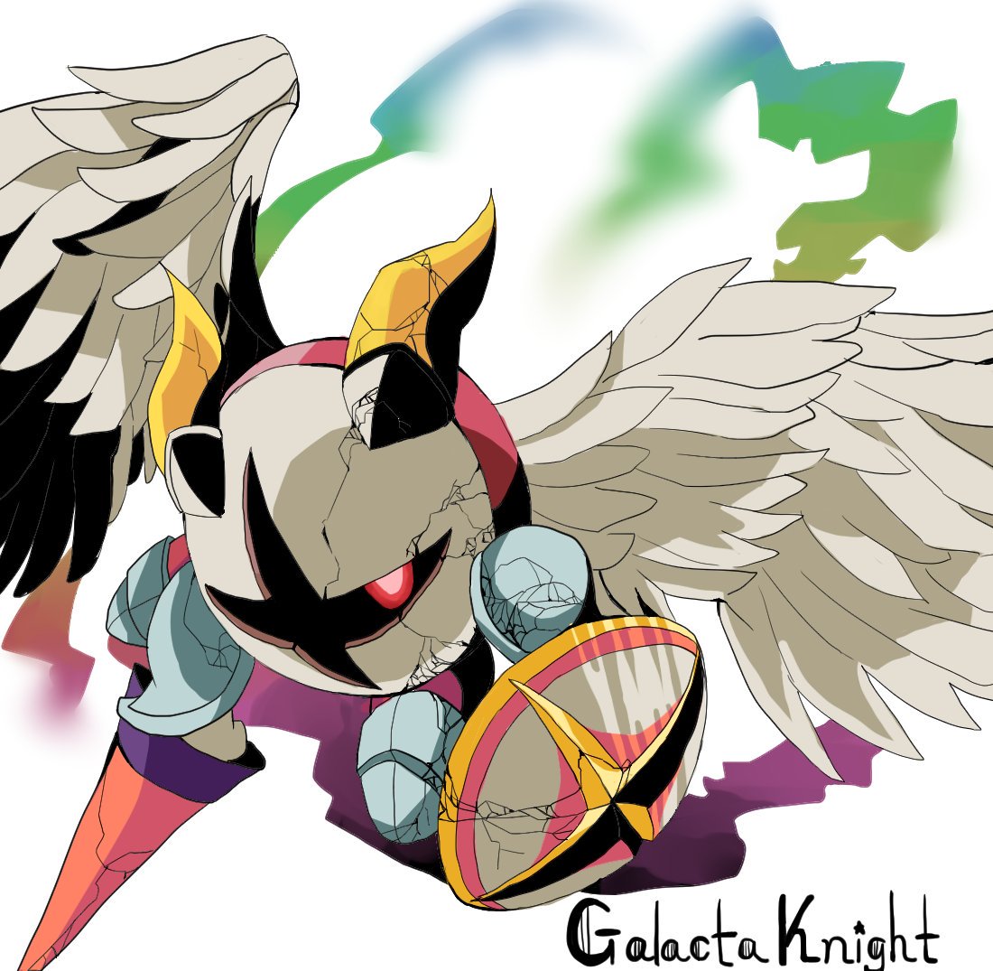 armor galacta_knight hoshi_no_kirby kirby_(series) kirby_super_star_ultra lance mask no_humans pink_eyes pink_skin polearm shield tagme weapon wings