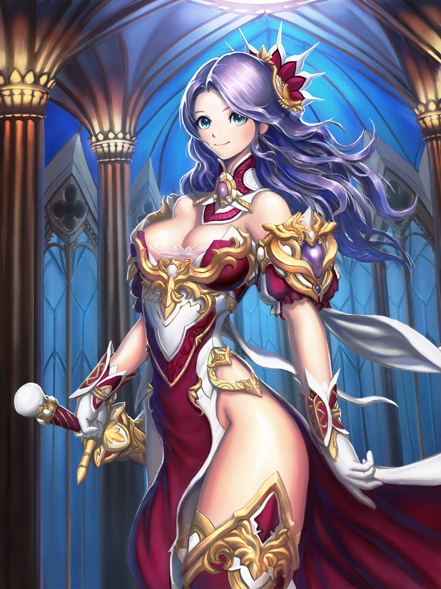 1girl arch bare_shoulders blue_eyes breasts column detached_collar fantasy gloves hair_ornament highres indoors knight long_hair looking_at_viewer lucky9 medium_breasts original pelvic_curtain pillar purple_hair sheath smile solo standing sword thigh-highs weapon white_gloves