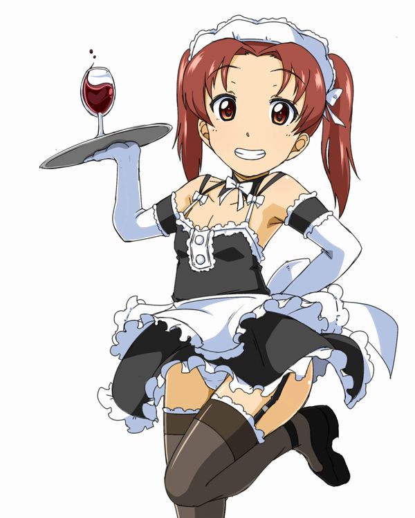 1girl alcohol alternate_costume apron arm_garter bangs black_dress black_footwear black_legwear brown_eyes brown_hair commentary_request cowboy_shot cup dress drinking_glass enmaided eyebrows_visible_through_hair frilled_apron frilled_dress frills garter_straps girls_und_panzer gloves grin hand_on_hip holding kadotani_anzu lace lace-trimmed_thighhighs leg_up long_hair looking_back maid maid_headdress nana_(manaita_koumuten) panties pantyshot pantyshot_(standing) parted_bangs shoes short_dress simple_background smile solo spaghetti_strap spilling standing standing_on_one_leg thigh-highs tray twintails underwear waist_apron white_apron white_background white_gloves white_panties wine wine_glass
