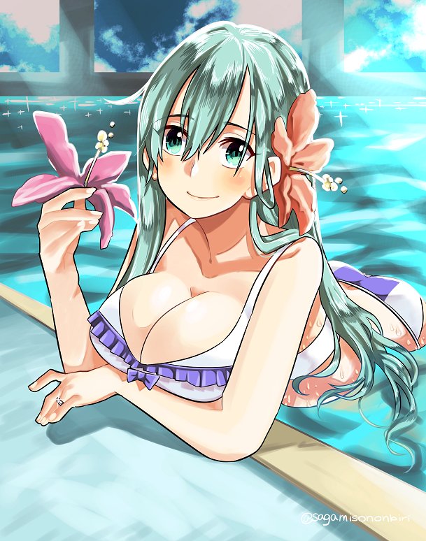 alternate_costume aqua_eyes aqua_hair ass bare_shoulders bikini breasts cleavage flower hair_between_eyes hair_flower hair_ornament holding holding_flower jewelry kantai_collection large_breasts long_hair looking_at_viewer partially_submerged pool ring sagamiso smile suzuya_(kantai_collection) swimsuit twitter_username wedding_band white_bikini