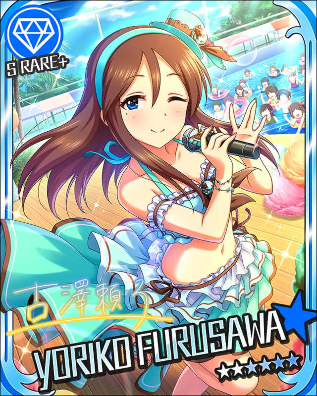 bikinj blue_eyes blush brown_hair character_name furusawa_yoriko idolmaster idolmaster_cinderella_girls long_hair micropone smile stars wink