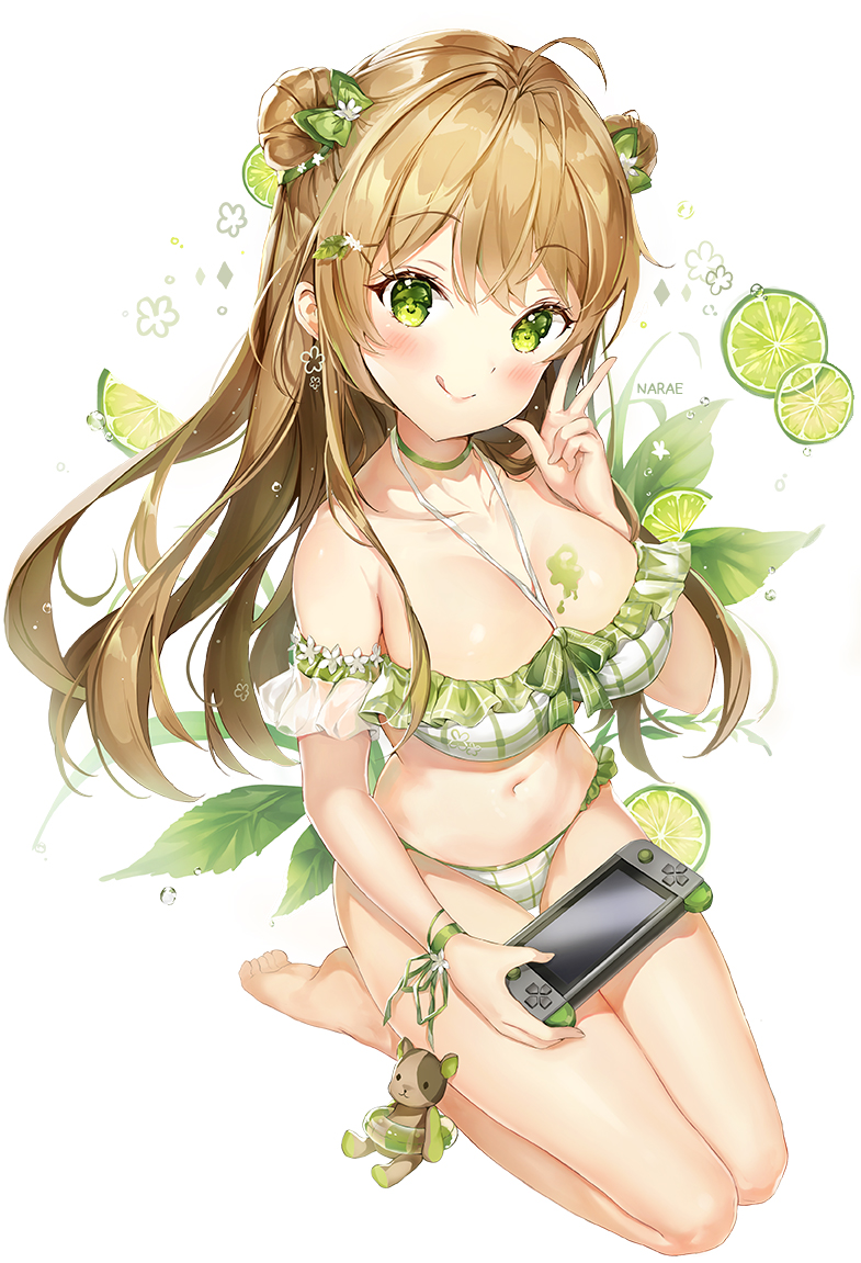 1girl ahoge artist_name bangs bare_shoulders barefoot bikini blush bow breasts brown_hair choker cleavage collarbone double_bun eyebrows_visible_through_hair food frilled_bikini frills fruit girls_frontline green_bikini green_eyes hair_between_eyes hair_bow handheld_game_console head_tilt holding_handheld_game_console lime_(fruit) long_hair looking_at_viewer medium_breasts narae navel paint_splatter plaid plaid_bikini rfb_(girls_frontline) ribbon seiza sidelocks sitting smile solo stomach stuffed_animal stuffed_toy swimsuit teddy_bear thighs w wrist_ribbon