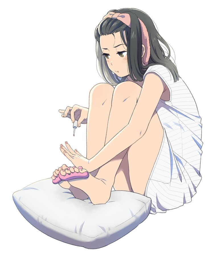 1girl bare_legs barefoot commentary_request full_body long_hair mattaku_mousuke nail_polish nail_polish_bottle original painting_nails pedicure pillow pink_nails shirt simple_background sitting sleeveless sleeveless_shirt solo toenail_polish toes