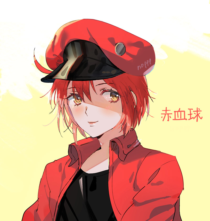 1girl ae-3803 ahoge beret black_shirt character_name hat hataraku_saibou jacket lips noppp portrait red_blood_cell_(hataraku_saibou) red_jacket redhead shirt short_hair signature smile solo t-shirt yellow_eyes