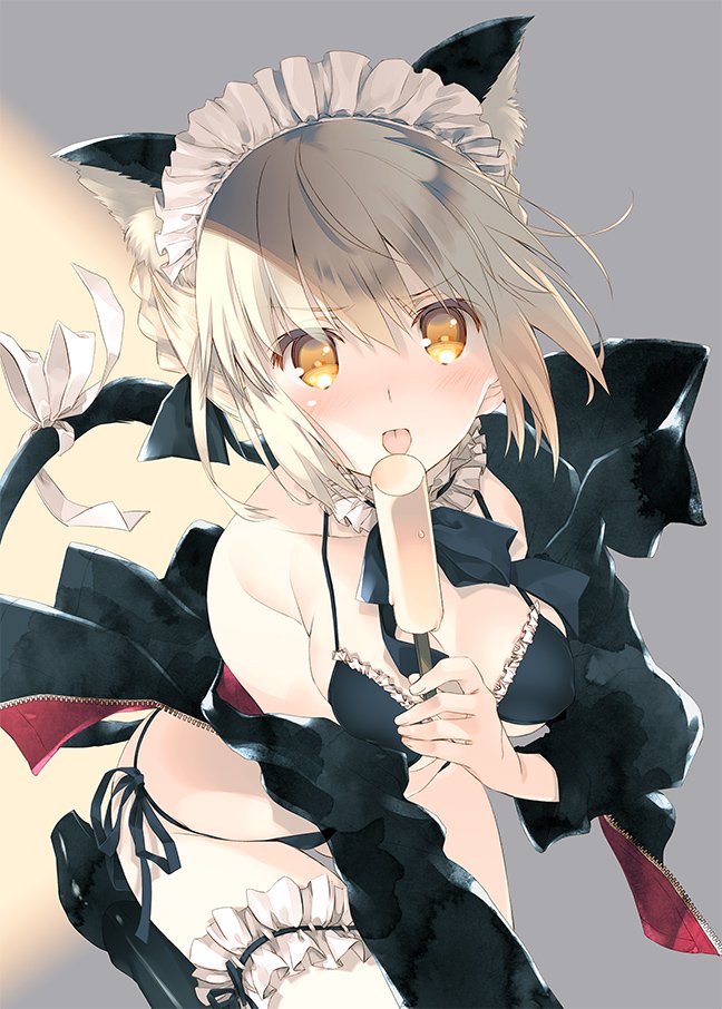 1girl animal_ears bikini black_bikini boots breasts cat_ears choker commentary_request eyebrows_visible_through_hair fate/grand_order fate_(series) food frilled_bikini frilled_choker frills gradient gradient_background high_heel_boots high_heels holding holding_food jacket jeanne_d'arc_(alter)_(fate) jeanne_d'arc_(fate)_(all) large_breasts maid_headdress mitsumi_misato popsicle sidelocks solo swimsuit thigh_strap yellow_eyes