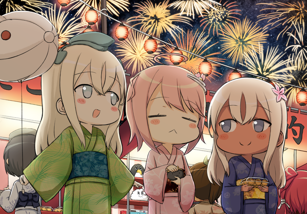 6+girls :&lt; :d aerial_fireworks back_bow balloon bangs blonde_hair blue_bow blue_eyes blue_kimono blush_stickers bow brown_hair closed_eyes closed_mouth coin_purse commentary_request diving_mask_on_head engiyoshi eyebrows_visible_through_hair facing_viewer failure_penguin fireworks floral_print flower food garrison_cap green_kimono grey_eyes grey_hat hair_between_eyes hair_flower hair_ornament hat holding holding_balloon i-168_(kantai_collection) i-401_(kantai_collection) i-58_(kantai_collection) japanese_clothes kantai_collection kimono lantern long_hair long_sleeves looking_at_another maru-yu_(kantai_collection) miss_cloud multiple_girls night night_sky obi open_mouth outdoors paper_lantern pink_flower pink_hair pink_kimono print_kimono redhead ro-500_(kantai_collection) sash sky smile stall star_(sky) starry_sky u-511_(kantai_collection) white_kimono wide_sleeves