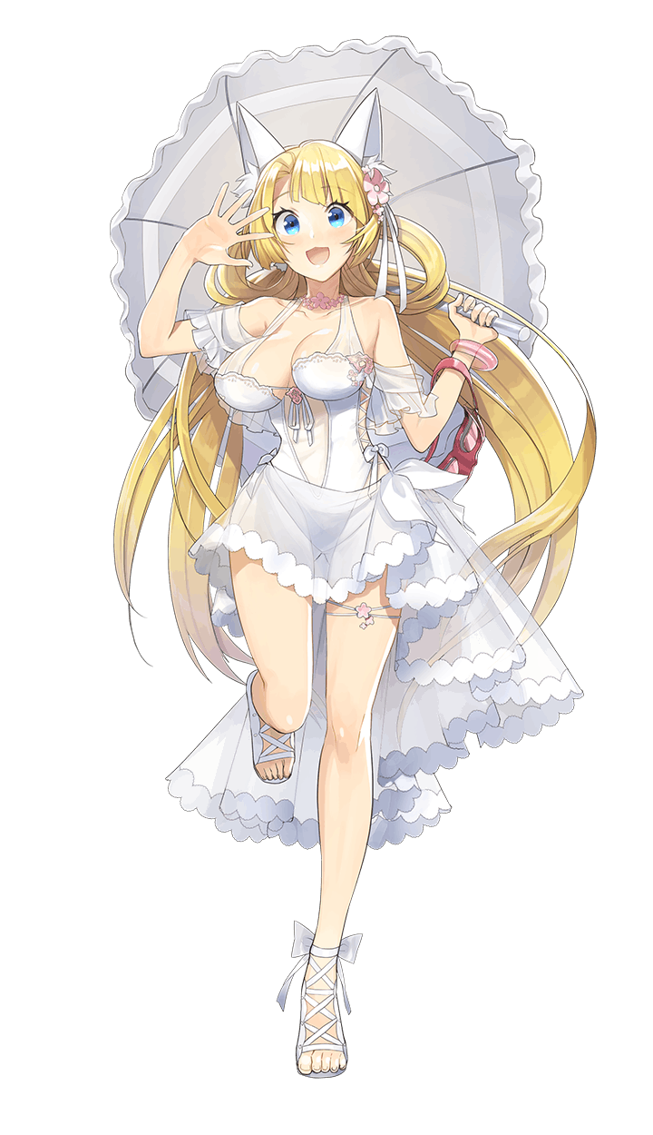 1girl :d alberta_wedemeyer asymmetrical_bangs bangs bare_shoulders blonde_hair blue_eyes breasts cleavage flower formation_girls full_body goggles_around_arm hair_flower hair_ornament hair_ribbon highres holding holding_umbrella kazune_(baumkuchen) large_breasts long_hair looking_at_viewer open_mouth ribbon sandals smile solo swimsuit transparent_background umbrella white_footwear white_swimsuit