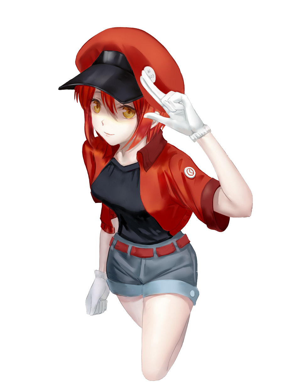 1girl ae-3803 belt beret black_shirt breasts cowboy_shot denim denim_shorts gloves hat hataraku_saibou highres jacket kreisee looking_at_viewer medium_breasts name_tag red_blood_cell_(hataraku_saibou) red_jacket redhead salute shirt short_hair short_shorts short_sleeves shorts simple_background smile solo t-shirt two-finger_salute white_background white_gloves yellow_eyes