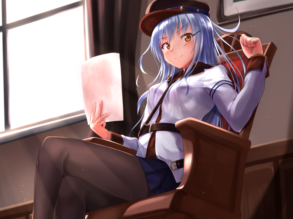 1girl akabane_hibame alternate_hair_color armchair belt blue_skirt breasts brown_legwear chair closed_mouth commentary_request facial_scar gangut_(kantai_collection) hair_ornament hairclip hands_up hat holding holding_paper indoors jacket kantai_collection legs_crossed long_hair long_sleeves looking_at_viewer medium_breasts military military_jacket military_uniform miniskirt orange_eyes pantyhose paper peaked_cap pleated_skirt red_shirt scar scar_on_cheek shirt silver_hair sitting skirt smile solo uniform very_long_hair white_jacket window