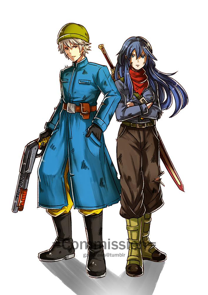 1boy 1girl blue_eyes blue_hair blush boots cape cosplay dragon_ball dragonball_z falchion_(fire_emblem) fingerless_gloves fire_emblem fire_emblem:_kakusei full_body gloves gun gzei hat jacket long_hair looking_at_viewer lucina male_my_unit_(fire_emblem:_kakusei) mamkute my_unit_(fire_emblem:_kakusei) open_mouth short_hair shotgun simple_background smile sword tiara trunks_(dragon_ball) trunks_(dragon_ball)_(cosplay) weapon white_background