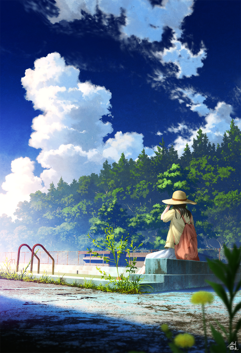 1girl arm_up backpack bag black_hair blue_sky blurry blurry_foreground clouds commentary_request day depth_of_field facing_away forest hat highres long_hair mocha_(cotton) nature original outdoors pool pool_ladder shirt short_sleeves signature sitting skirt sky solo summer sun_hat tree white_skirt yellow_shirt