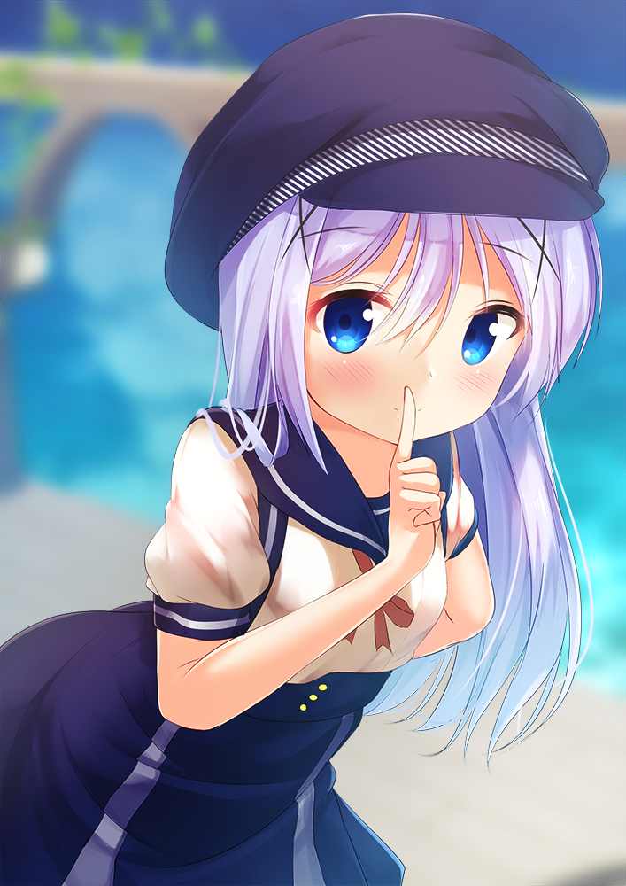 1girl bangs black_hat blue_eyes blue_hair blue_sailor_collar blue_skirt blurry blurry_background blush cabbie_hat chinomaron closed_mouth day depth_of_field eyebrows_visible_through_hair finger_to_mouth gochuumon_wa_usagi_desu_ka? hair_between_eyes hair_ornament hat high-waist_skirt kafuu_chino long_hair outdoors puffy_short_sleeves puffy_sleeves sailor_collar shirt short_sleeves shushing skirt smile solo very_long_hair white_shirt x_hair_ornament