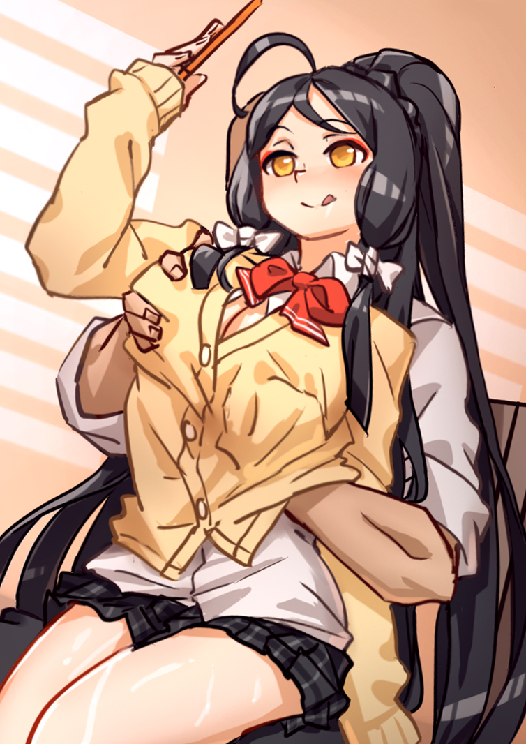 1girl ara_han berg black_hair blush bow breasts cleavage elsword groping licking_lips long_hair phone sitting sitting_on_lap sitting_on_person taking_picture tongue tongue_out uniform yellow_eyes