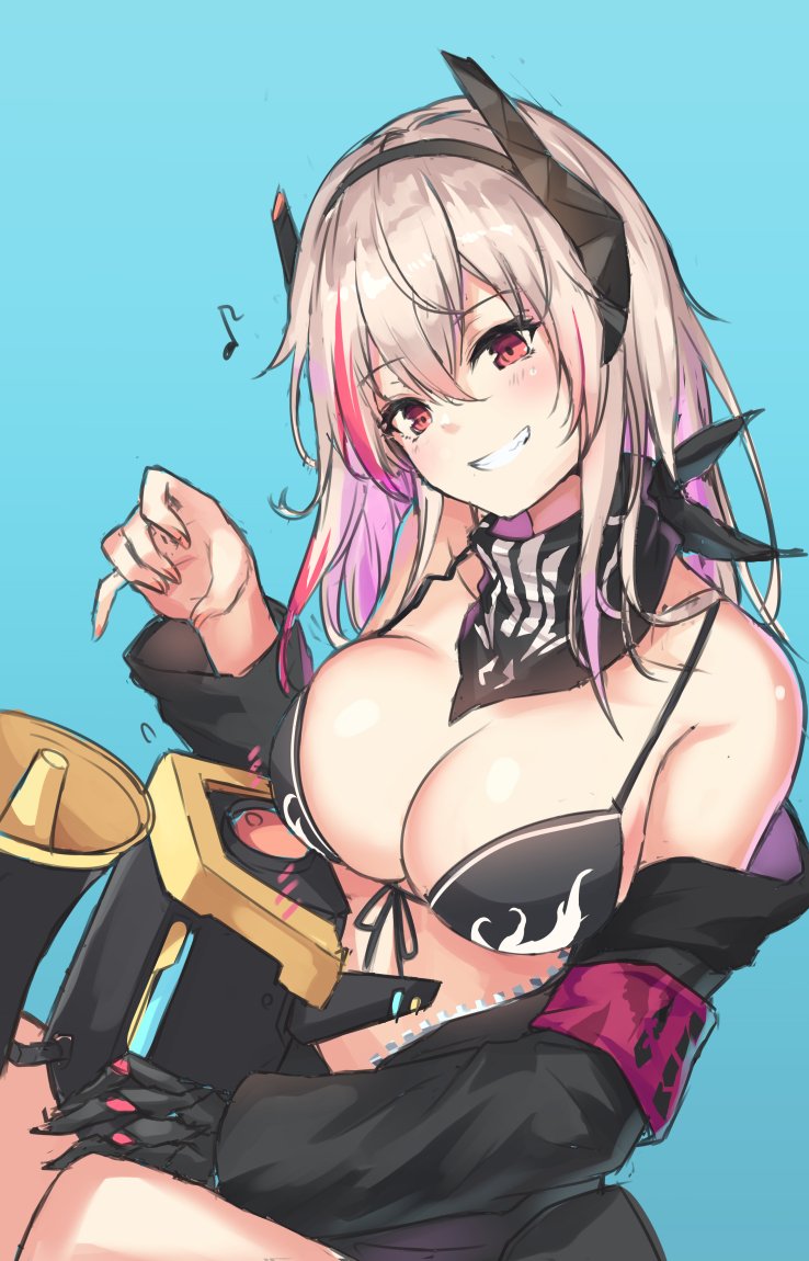 alternate_costume black_coat breasts cenangam dinergate_(girls_frontline) girls_frontline hair_ornament head_tilt large_breasts m4_sopmod_ii_(girls_frontline) red_eyes ro635_(girls_frontline) smile swimsuit white_hair