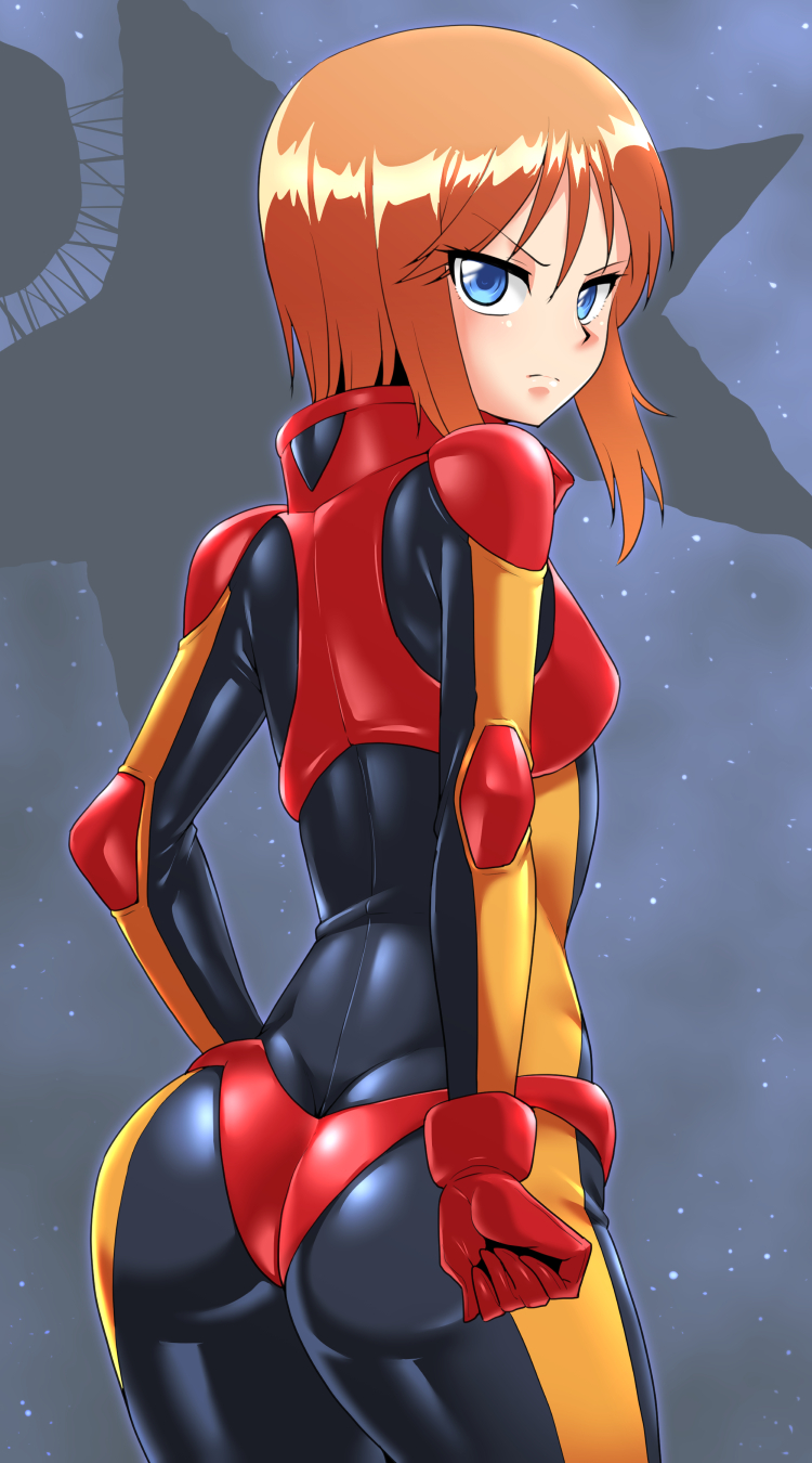 1girl ass black_bodysuit blue_eyes blush bodysuit closed_mouth cowboy_shot from_behind frown gundam gundam_zz hair_between_eyes highres looking_at_viewer looking_back mimizu_(tokagex) orange_hair pilot_suit puru_two shiny shiny_clothes shiny_hair shiny_skin short_hair skin_tight solo standing