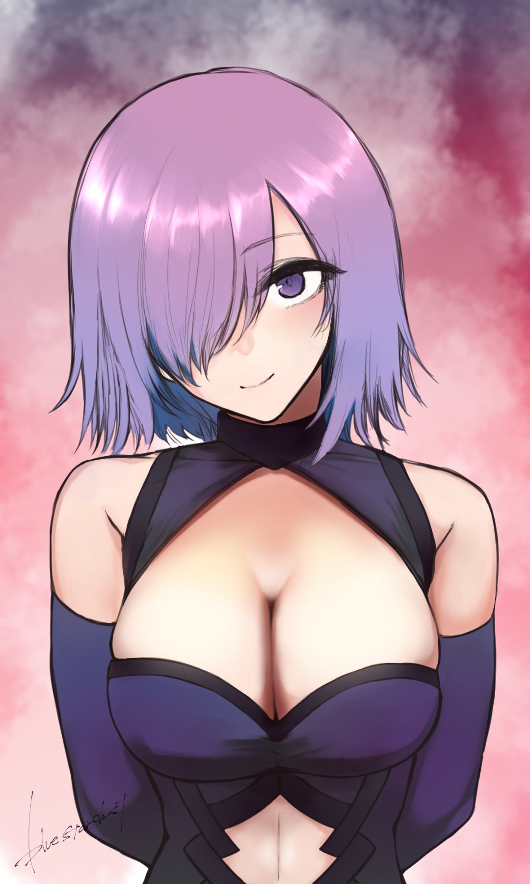 1girl armor armored_dress arms_behind_back bangs bare_shoulders blush breasts cleavage_cutout commentary_request detached_sleeves elbow_gloves eyebrows_visible_through_hair fate/grand_order fate_(series) gloves hair_over_one_eye highres kojima_(blue_stardust) large_breasts lavender_hair looking_at_viewer mash_kyrielight multicolored multicolored_background short_hair signature solo violet_eyes