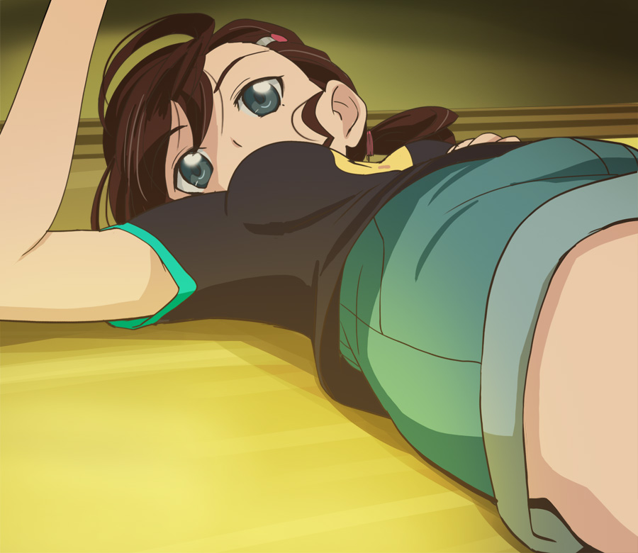 1girl black_shirt blue_eyes blue_shorts breasts brown_hair gegege_no_kitarou hair_ornament hairclip haruyama_kazunori inuyama_mana looking_at_viewer lying on_back shirt short_hair short_sleeves shorts solo