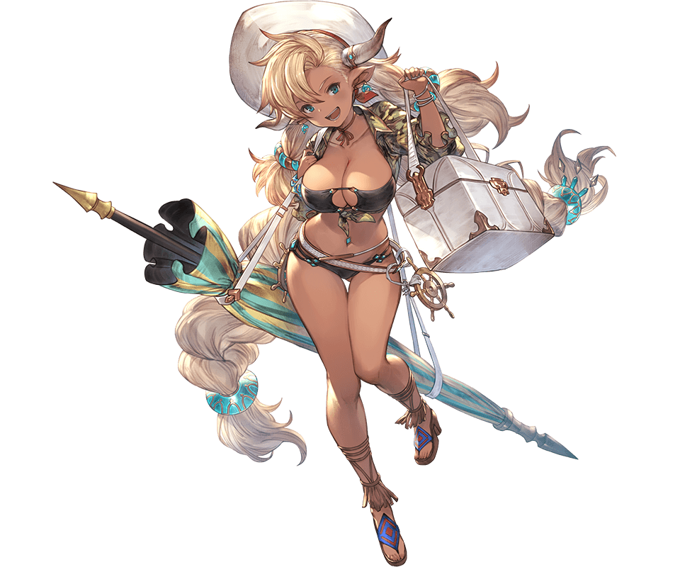 1girl almeida_(granblue_fantasy) alpha_transparency ass_visible_through_thighs bangs beach_umbrella bikini black_bikini blonde_hair blush bracelet breasts choker cleavage collarbone cooler dark_skin dolphin_earrings draph earrings full_body granblue_fantasy hair_between_eyes hat horns jacket jewelry large_breasts long_hair looking_at_viewer minaba_hideo official_art open_clothes open_jacket pointy_ears red_ribbon ribbon ribbon_choker sandals smile solo swimsuit thigh_gap transparent_background umbrella very_long_hair white_hat