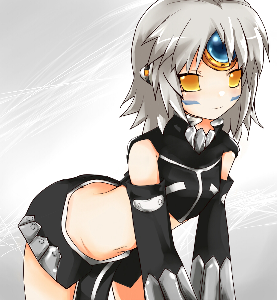 1girl bent_over blush closed_mouth detached_sleeves elsword eve_(elsword) facial_mark forehead_jewel morumoru00 short_hair silver_hair simple_background smile yellow_eyes