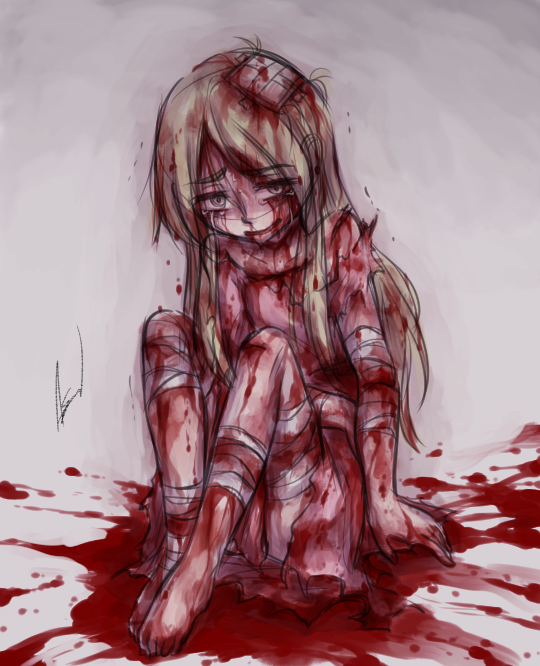 1girl aosora_(mizore) bandage bandaid blood blood_on_face blood_on_ground blood_splatter blood_stain bloody_clothes long_hair original solo
