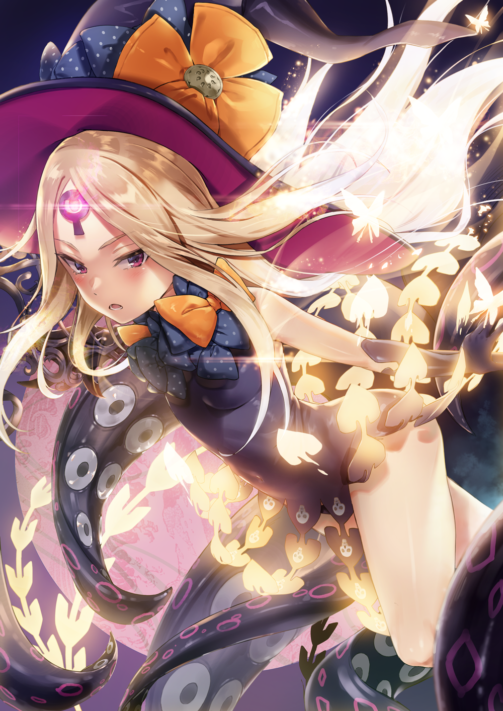 1girl abigail_williams_(fate/grand_order) arms_at_sides bangs black_dress black_hat blonde_hair blue_eyes blush bow casual_one-piece_swimsuit collarbone commentary_request covered_navel cowboy_shot dress fate/grand_order fate_(series) full_moon glowing glowing_hair hat highres honey_yun keyhole long_hair looking_at_viewer moon one-piece_swimsuit orange_bow parted_bangs purple_bow red_eyes solo suction_cups swimsuit tentacle thighs very_long_hair witch_hat