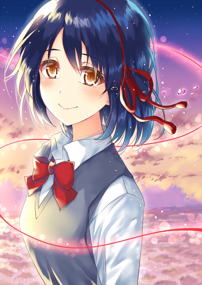 1girl blue_hair bow bowtie brown_eyes clouds eyebrows_visible_through_hair grey_vest hair_between_eyes hair_ribbon hairband kimi_no_na_wa looking_at_viewer miyamizu_mitsuha morizono_shiki red_bow red_hairband red_ribbon ribbon school_uniform shirt short_hair sky smile solo star_(sky) starry_sky tears upper_body vest white_shirt