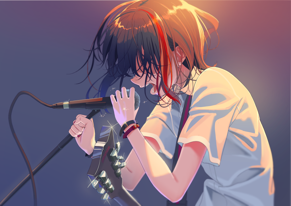 1girl bang_dream! bangs black_hair bob_cut bracelet commentary electric_guitar english_commentary flying_sweatdrops from_side glint grey_background guitar hair_over_eyes holding holding_microphone instrument jewelry microphone microphone_stand mitake_ran multicolored_hair nail_polish open_mouth poligon_(046) red_nails redhead shaded_face shirt short_hair short_sleeves solo streaked_hair upper_body white_shirt