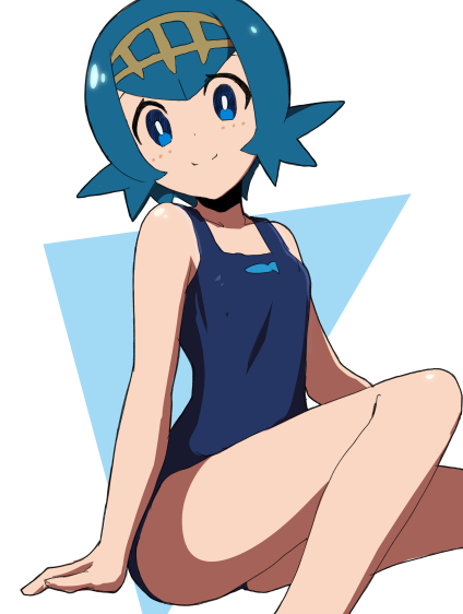 1girl arm_support bangs bare_arms bare_shoulders blue_eyes blue_hair blue_swimsuit blush breasts casual_one-piece_swimsuit closed_mouth creatures_(company) game_freak hair_between_eyes head_tilt looking_at_viewer natsunagi_takaki nintendo one-piece_swimsuit pokemon pokemon_(game) pokemon_sm short_hair sitting small_breasts smile solo suiren_(pokemon) swimsuit