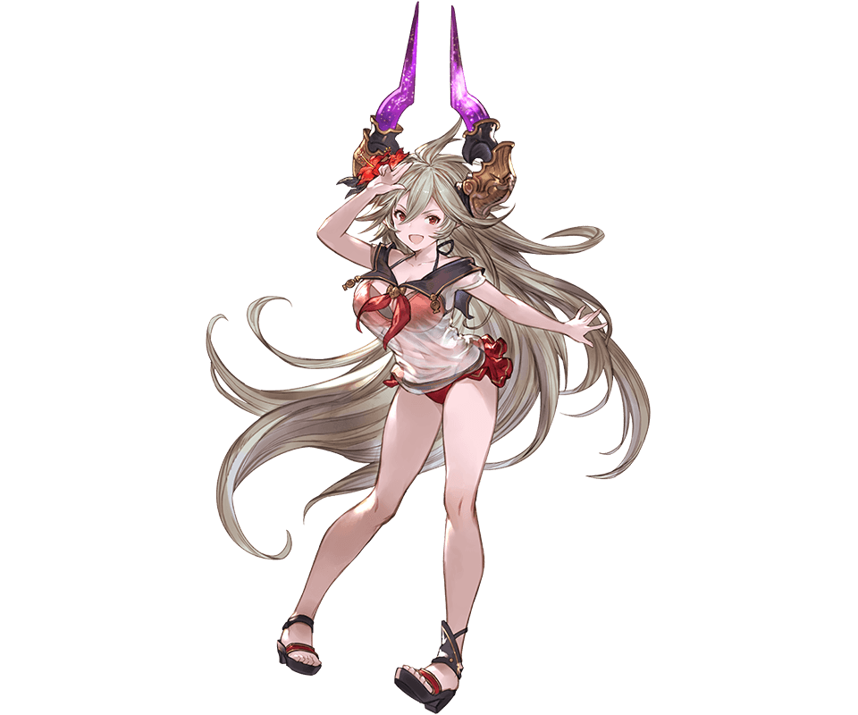 1girl :d ahoge alpha_transparency arm_up bangs bikini bikini_under_clothes blush breasts cleavage collarbone draph flower full_body granblue_fantasy grey_hair hair_between_eyes hair_flower hair_ornament halter_top halterneck hibiscus horns large_breasts long_hair looking_at_viewer minaba_hideo official_art open_mouth pointy_ears purple_hair red_bikini red_eyes sailor_collar sandals see-through smile solo swimsuit thalatha_(granblue_fantasy) very_long_hair