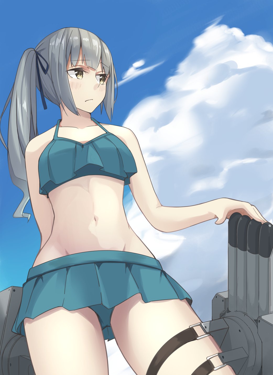 adapted_costume bare_shoulders bikini bikini_skirt blue_bikini blue_ribbon blue_sky breasts collarbone frilled_bikini frills from_below hair_ribbon highres kantai_collection kasumi_(kantai_collection) long_hair looking_to_the_side midriff navel negahami pleated_skirt ribbon side_ponytail silver_hair skirt sky small_breasts swimsuit torpedo_tubes yellow_eyes