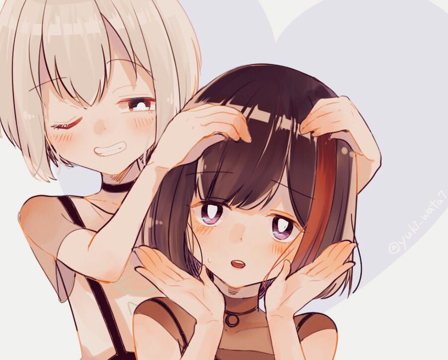 2girls :o aoba_moka bang_dream! bangs black_choker black_hair blush bob_cut choker eyebrows_visible_through_hair grey_hair grin hands_on_another's_head hands_up looking_at_viewer mitake_ran multicolored_hair multiple_girls one_eye_closed redhead round_teeth short_hair short_sleeves smile streaked_hair suspenders teeth twitter_username upper_body upper_teeth violet_eyes wata_yuki