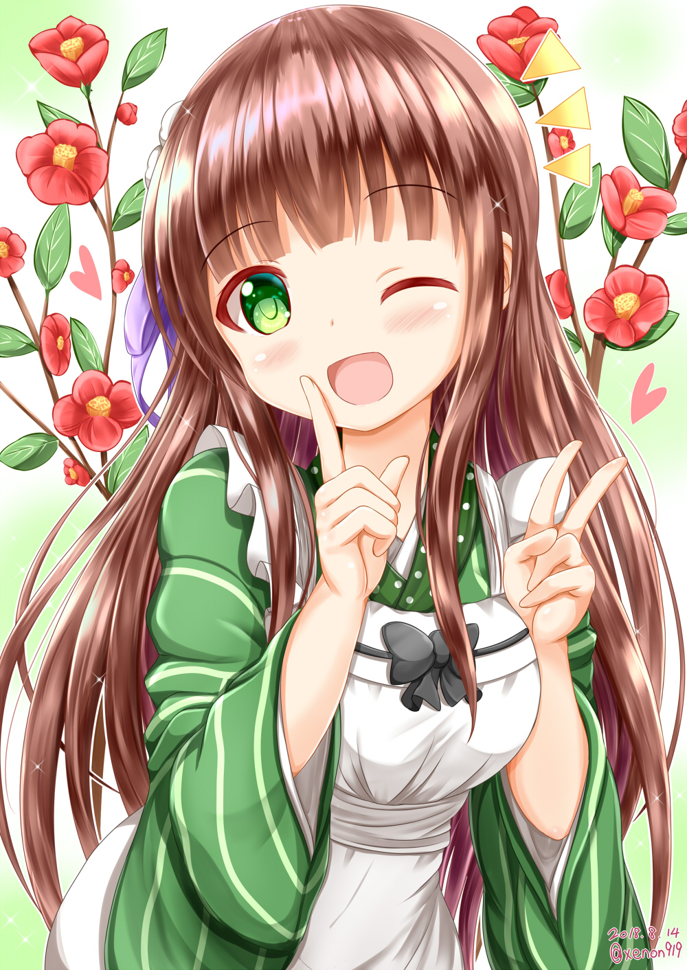 1girl ;d apron bangs black_bow blush bow breasts brown_hair commentary_request dated eyebrows_visible_through_hair flower gochuumon_wa_usagi_desu_ka? green_eyes green_kimono hands_up head_tilt highres index_finger_raised japanese_clothes kimono long_hair long_sleeves maid_apron medium_breasts one_eye_closed open_mouth polka_dot red_flower smile solo striped twitter_username ujimatsu_chiya v very_long_hair white_apron wide_sleeves zenon_(for_achieve)