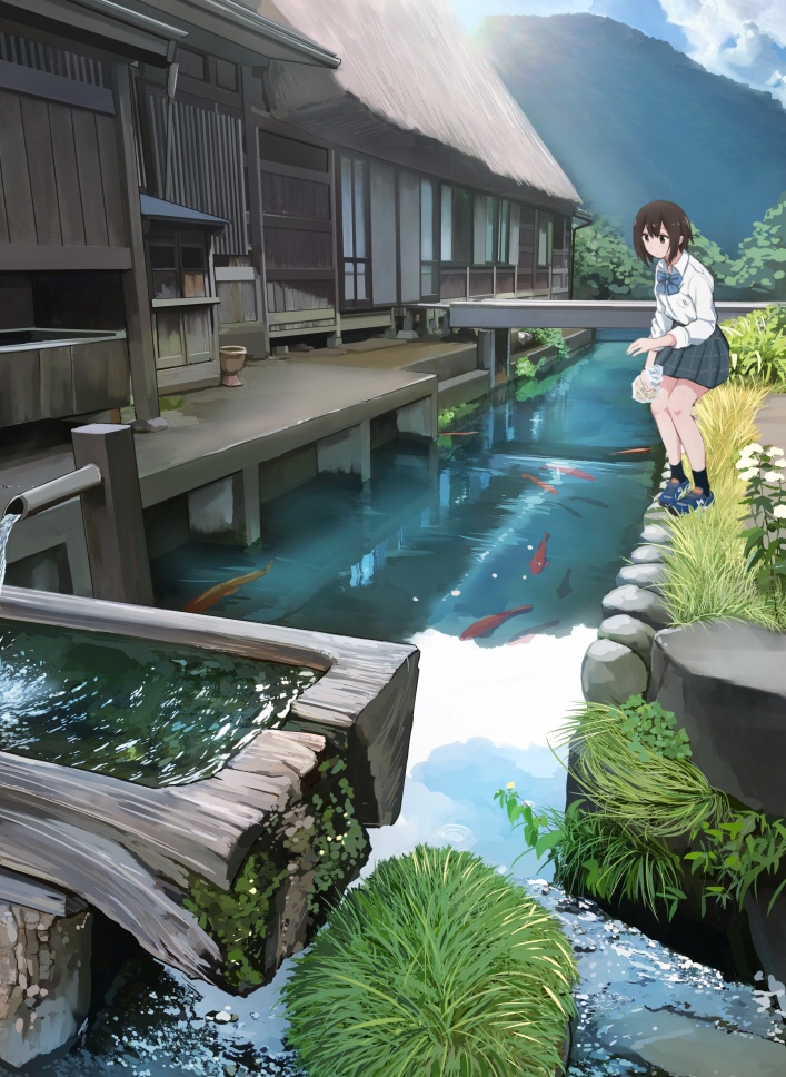 1girl black_legwear brown_eyes brown_hair carp closed_mouth clouds collared_shirt day eyebrows_visible_through_hair fish grass green_skirt long_sleeves looking_away original outdoors sakeharasu scenery shirt shoes short_hair skirt sneakers socks solo standing stream water