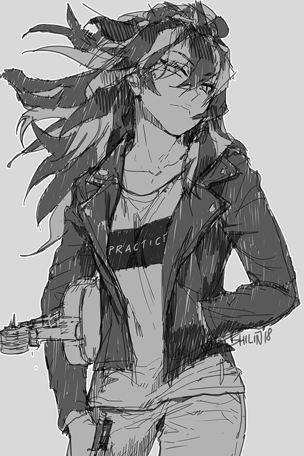 1girl alternate_costume alternate_universe black_hair blackbird carciphona commentary denim english eyebrows_visible_through_hair eyes_visible_through_hair instrument jacket jeans looking_at_viewer monochrome multicolored_hair pants shilin shirt sketch solo two-tone_hair violin white_hair