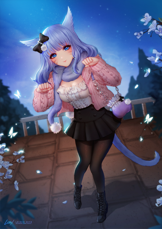 1girl animal_ears black_legwear blue_eyes bow breasts bug butterfly cardigan cat_ears cat_tail cleavage commission eyebrows_visible_through_hair final_fantasy final_fantasy_xiv flower hair_bow insect large_breasts leirix long_hair looking_at_viewer miqo'te open_cardigan open_clothes outdoors pantyhose paw_pose petals purple_hair scarf skirt smile solo standing tail watercraft