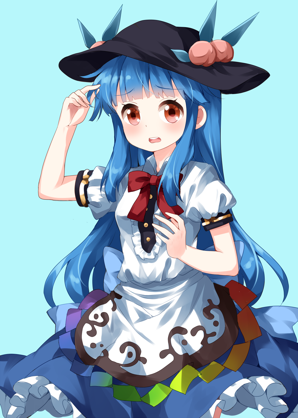 1girl alternate_hairstyle arm_up bangs black_hat blouse blue_background blue_hair blue_skirt blunt_bangs blush bow bowtie center_frills commentary_request cowboy_shot eyebrows_visible_through_hair food fruit hat highres hinanawi_tenshi leaf long_hair looking_at_viewer open_mouth peach petticoat puffy_short_sleeves puffy_sleeves red_bow red_eyes red_neckwear ruu_(tksymkw) short_sleeves sidelocks simple_background skirt solo touhou very_long_hair white_blouse wing_collar