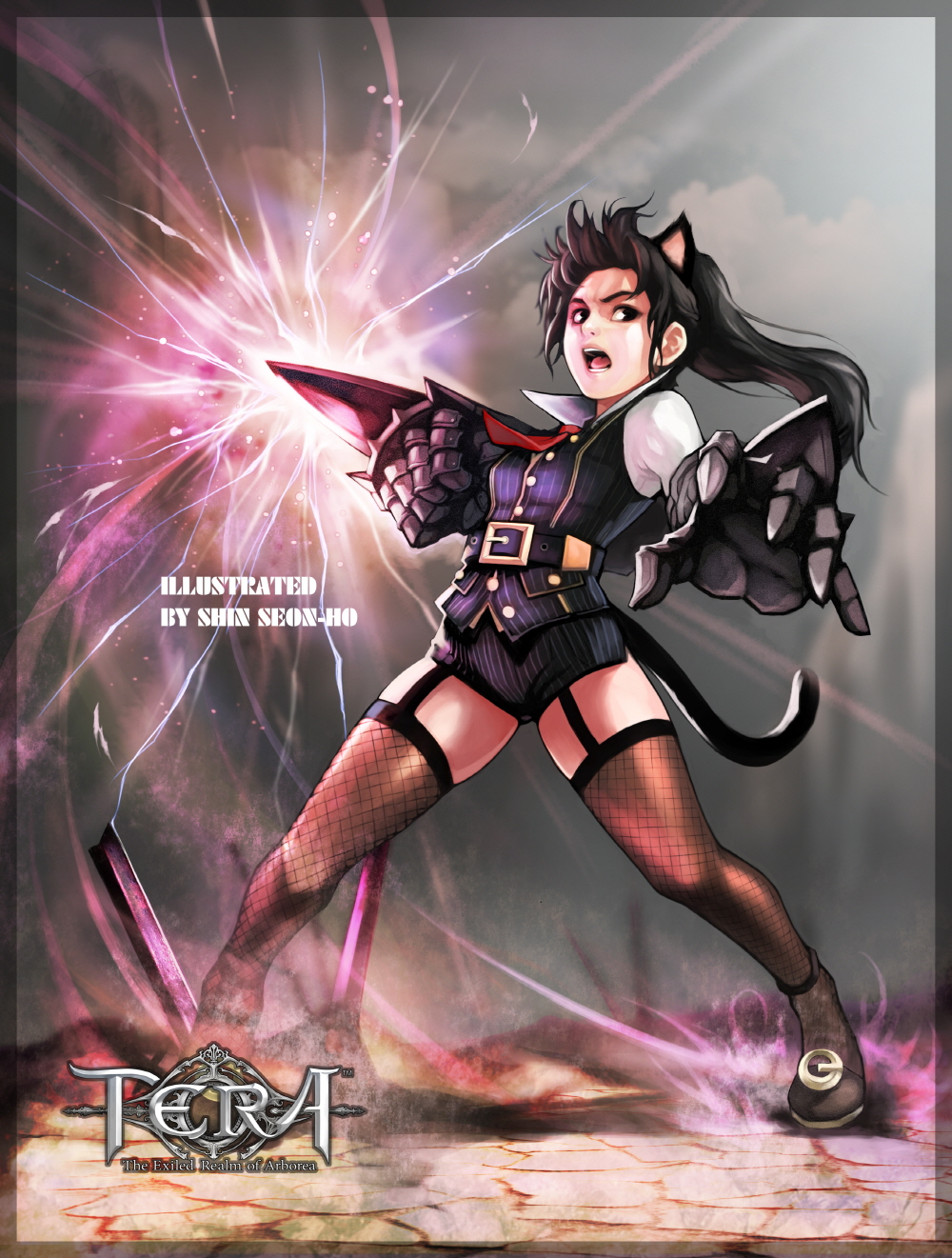 1girl animal_ears artist_name belt black_eyes black_hair black_legwear black_shorts black_vest cat_ears cat_tail clenched_hand copyright_name electricity elin_(tera) fighting_stance fishnet_legwear fishnets full_body garter_straps gauntlets highres legs_apart long_hair necktie open_mouth outstretched_arm pinstripe_pattern ponytail red_neckwear seon-ho shirt shoes short_shorts shorts shouting solo striped tail tera_online thigh-highs vest weapon white_shirt