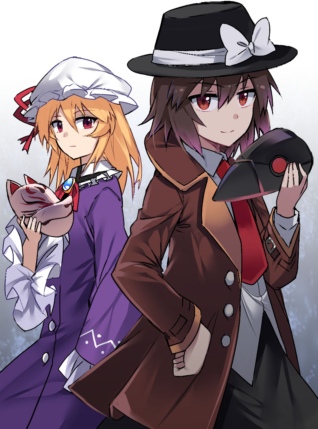 2girls bangs black_hat black_skirt blonde_hair bow brooch brown_coat brown_hair coat commentary_request cowboy_shot dress e.o. eyebrows_visible_through_hair fedora frilled_shirt_collar frilled_sleeves frills gradient gradient_background grey_background hair_between_eyes hand_on_hip hat hat_bow hat_ribbon highres holding holding_mask jewelry long_hair looking_at_viewer maribel_hearn mask mob_cap multiple_girls neck_ribbon necktie purple_dress red_eyes red_neckwear red_ribbon ribbon shirt short_hair skirt sleeves_past_fingers sleeves_past_wrists smile standing touhou usami_renko white_background white_bow white_hat white_shirt wide_sleeves wing_collar