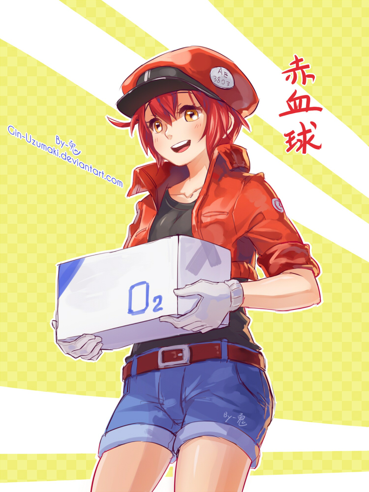 1girl ae-3803 ahoge belt beret black_shirt box breasts carrying character_name checkered checkered_background collarbone cowboy_shot denim denim_shorts deviantart_username gloves hat hataraku_saibou jacket kyouran_de_onikoushi looking_at_viewer name_tag open_mouth orange_eyes red_blood_cell_(hataraku_saibou) red_jacket redhead shirt short_hair short_shorts shorts signature small_breasts smile solo t-shirt white_gloves