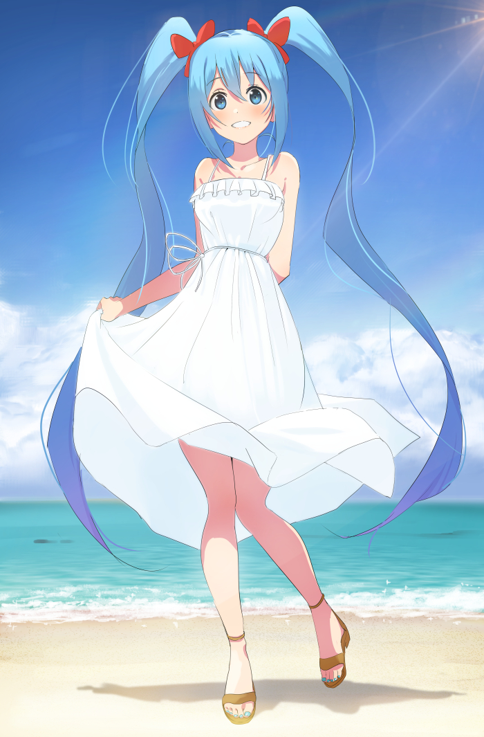 1girl arm_behind_back beach blue_eyes blue_hair blue_nails blue_sky clouds commentary_request day domo1220 dress eyes frilled_dress frills full_body hair_between_eyes hair_ribbon hatsune_miku looking_at_viewer nail_polish ocean parted_lips red_ribbon ribbon shadow skirt_hold sky solo standing sundress sunlight toenail_polish twintails vocaloid water white_dress wind